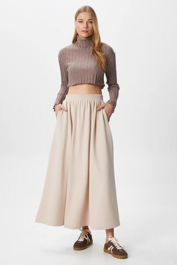 Ritnice Women's Luna Elastic Waist Pocket Light Beige Long Maxi Length Skirt