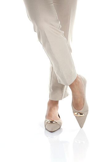 ZİESCE Women's Beige Knitwear Pointed Toe Buckle Detail Babet Shoes