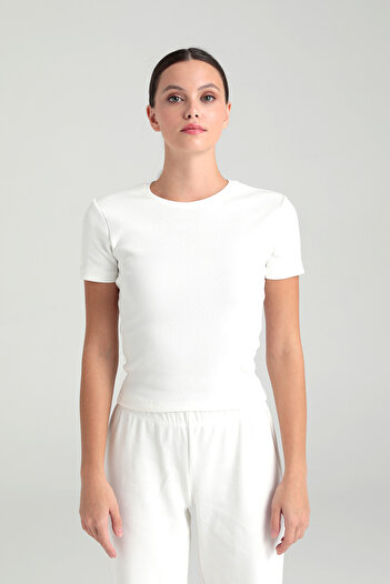 SHEISMONO Soft Rib Round Neck Short Sleeve Blouse Ecru