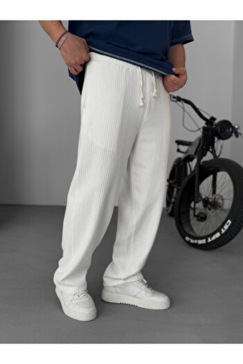 BYBASICMAN Beyaz Örgü Kumaş Baggy Pantolon JJ-206