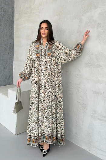 ASEDE 100% Viscose Bohemian Alaçatı Dress Buttoned Printed Viscose Dress Suitable for Hijab