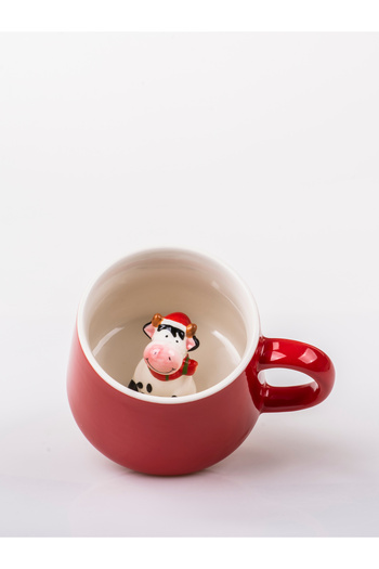 MUKKO HOME 3D Red Hat Cow Figurine Surprise Porcelain Mug - 350 Ml, Stylish and Fun Design