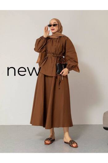 lariva Hijab Buttoned Skirted Coffee Parachute Fabric Suit