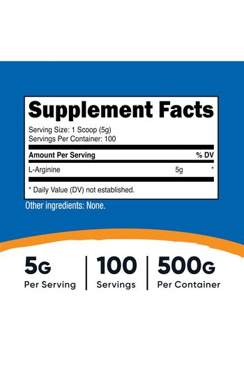 Nutricost L-Arginine Powder 500 Grams (1.1lbs) - Pure L-Arginine Powder - 5000mg Per Serving; 100 Servings