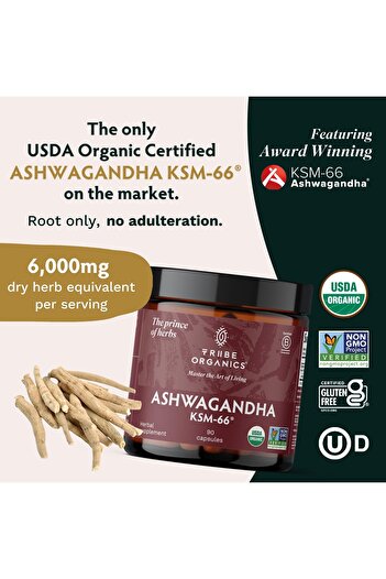 Tribe Organics Ashwagandha KSM-66 Organic Root Powder Extract - 600mg, 90 Capsules, Mood & Energy Support