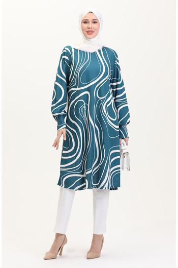 sefamerve Large Size Patterned Tunic 1129-03 Petrol