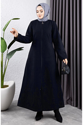 sefamerve Fur Collar Stamp Coat 2060-03 Navy Blue