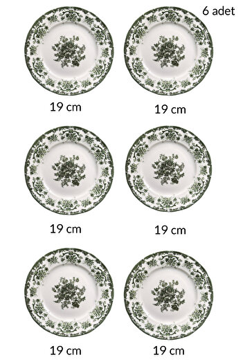 porselenden Antique Green 6 kişilik 19 cm Özel Tasarım Premium Porselen Pasta Tabağı Takımı DB3548
