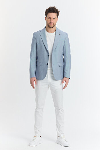 Frappoli Tacues Men's Blue Half Lined Flap Pocket Linen Blended Spring-Summer Sports Blazer Jacket