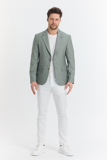 Frappoli Tacues Men's Green Half Lined Flap Pocket Linen Blended Spring-Summer Sports Blazer Jacket