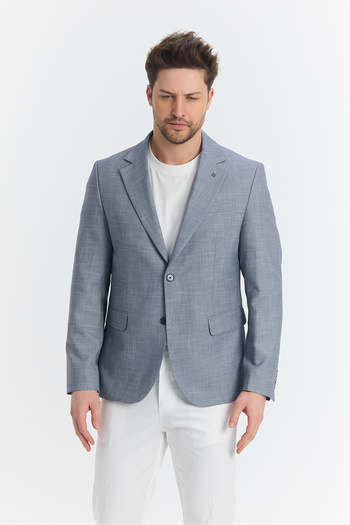 Frappoli Tacues Men's Navy Blue Half Lined Flap Pocket Linen Blended Spring-Summer Sports Blazer Jacket