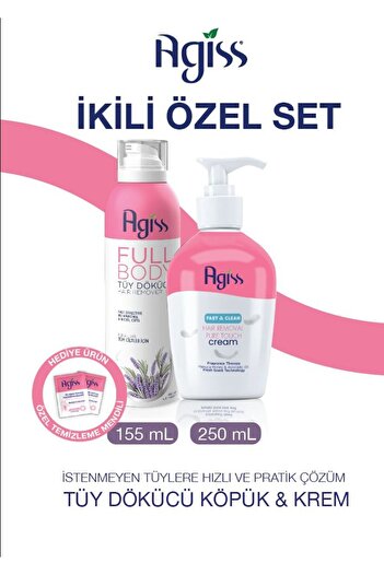 AGISS Depilatory Cream Lotion 250 ml (with Pump) & Full Body Whole Body Depilatory Foam 155 ml
