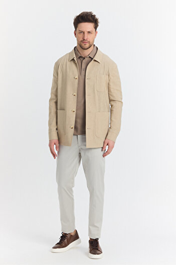 Frappoli Zevos Erkek Camel Keten Karışımlı Overshirt Baharlık Ceket Yeni Sezon