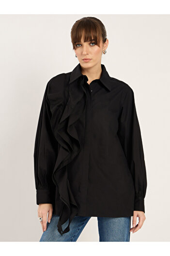 Femmella By Styli Solid Ruffle Detail Spread Collar Shirt