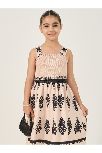 Styli All-Over Print Strappy Dress with Smocked Detail