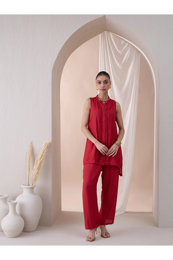 Femmella By Styli Sleeveless Scallop Trim Tunic with Straight Pant Co-Ords