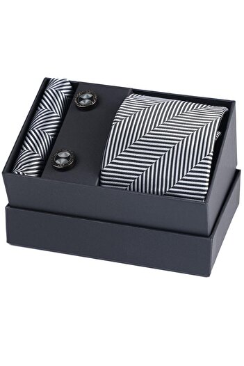 Esgue Hand Made Striped Black Gray Tie & Handkerchief & Patterned Cufflink Gift Set