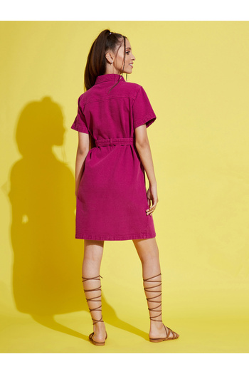 NOH-VOH By Styli Denim Collared Shirt Dress with Tie Up Belt