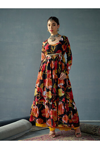 Sassafras By Styli Floral Print Round Neck Tiered Kurta