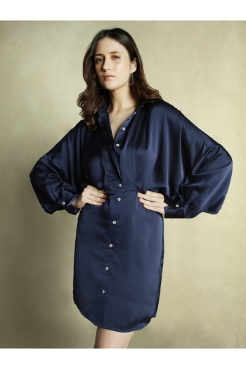 Dennis Lingo By Styli Solid Satin Shirt Mini Dress