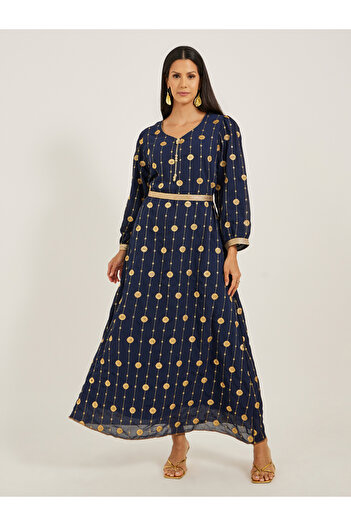 Maxim Creation By Styli Embroidered V-Neck A-Line Kaftan with Belt