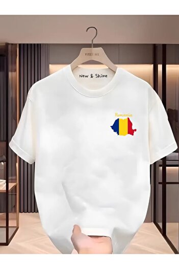 New Shine 1 tricou este un cadou pentru achiziții de 6 și mai sus în coș - Tricou oversize imprimat cu steagul Rumâniei pe stânga