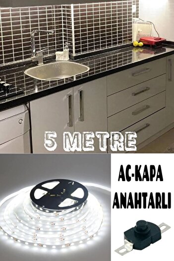 Sanctum Mutfak Dolabı Tezgah Üstü Için 5 Metre Beyaz Şerit Led Işık Adaptörlü Aç Kapa Anahtarlı Tak Çalıştır