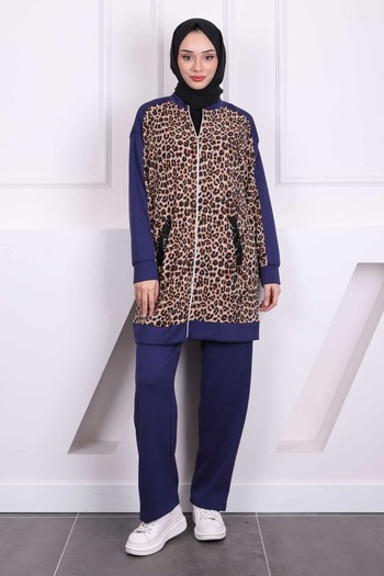 İmajButik Leopard Print Navy Blue Sequined Tunic - Pants