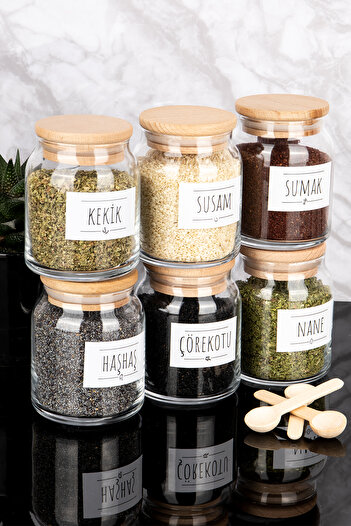 Dolkin Home Set of 6 Wooden Vacuum Lids Luxury Glass Spice Rack Set with Labels and Spoons 300 ml