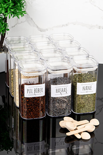 Dolkin Home Set of 12 White Label Mica Spice Jars with Spoon and 300 ml Vacuum Leakproof Lid