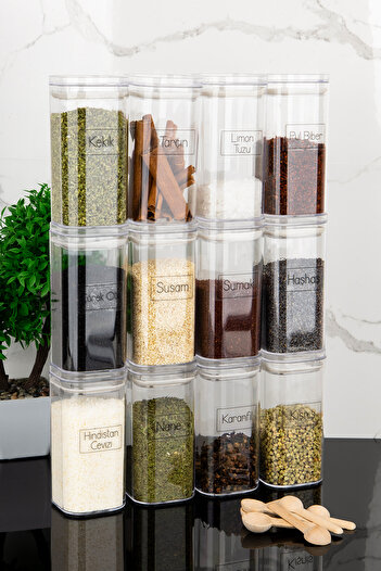 Dolkin Home Set of 12 Mica Spice Jars with Spoon and Transparent Spice Label 300 ml Vacuum Leakproof Lid