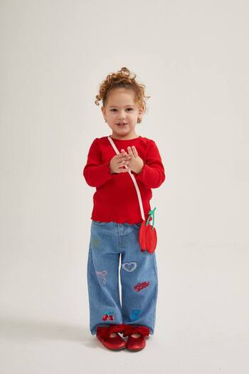 tutasteegiyim Cherry Patterned Girl's Denim Top and Bottom Set with Bag