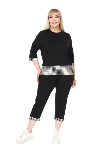 MELSAY Women's Black Houndstooth Detailed Elastic Waist Large Size Top and Bottom Set