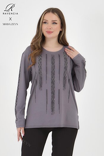 Ravencia Women's Middle Age and Above Viscose Straight Line Stone Embroidered Lycra Gray Mother Combed Cotton Blouse