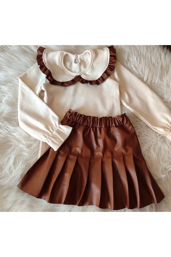 Tinypeople Girl's Pleated Leather Skirt Eid Bottom Top Suit Girl's Skirt Suit