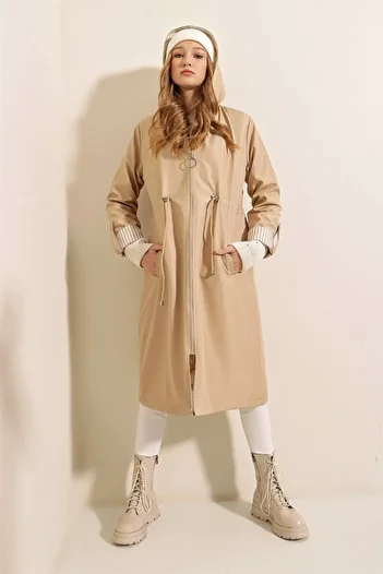 EyesOf 9091 Gathered Waist Hooded Trench Coat - Beige