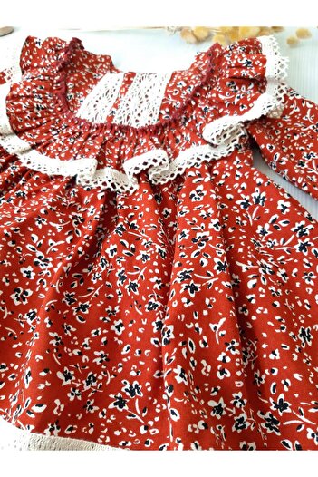 ikokokids Hardal Çiçekli Dantel Detaylı Elbise