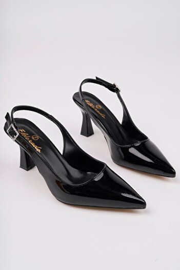 meyra'nın ayakkabıları Women's Black Patent Leather Stone Buckle Stylish Heeled Shoes