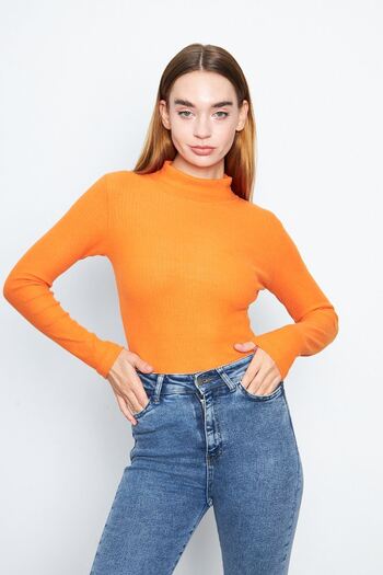 Oyga Women's Orange Half Turtleneck Interlock Long Sleeve Slim Blouse