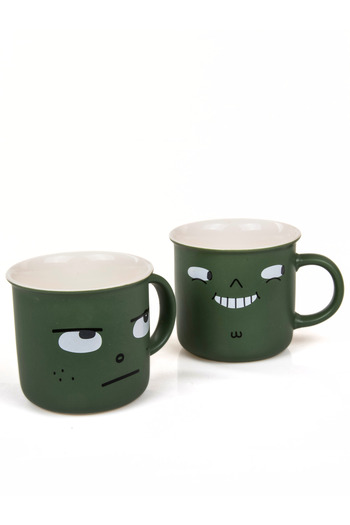 MUKKO HOME Modern Stylish Green Porcelain Mug Set of 2 in 1, 350ml Minimalist Design
