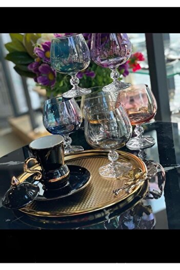 P H Panayır Home Set of 6 Hand Decorated Colorful Coffee Cups, Goblets, Bohemia Glass Water Cups