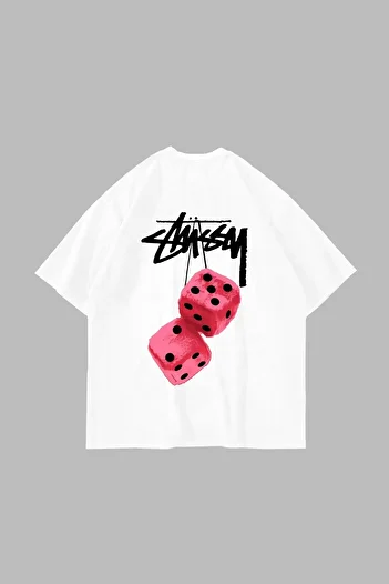 Sekizbiraltı στ. Dice Back Printed Oversize Unisex Λευκό Tshirt