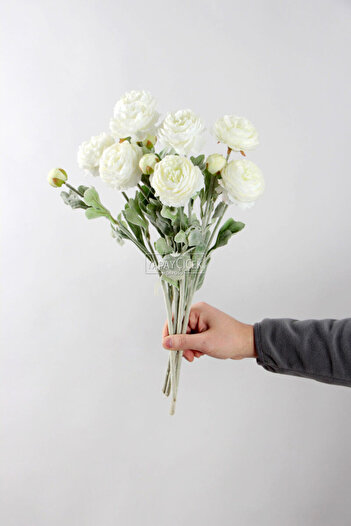 Yapay Çiçek Deposu Yapay Çiçek 3lü Şakayık Ranunculus Dalı 50 cm Beyaz