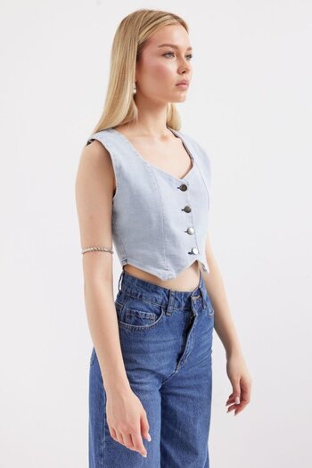 modaserdem 6797 Crop Denim Vest - Blue