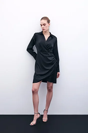Sateen Double Breasted Satin - Black Dress