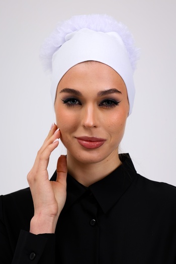Loggia Ruffled Seamless Combed Cotton Bonnet White - Women's Hijab Tie Bun Inner Bonnet