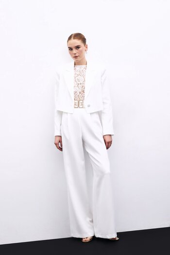 Sateen Ecru Color - Wide Leg and Waist Accessories Trousers