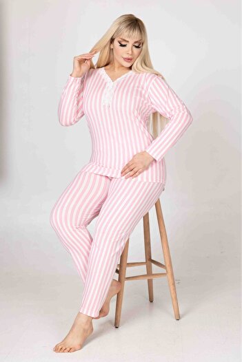 MEBA Set de pijamale cu dungi roz pentru mama, cu mâneci lungi, cu nasturi, din bumbac pieptănat
