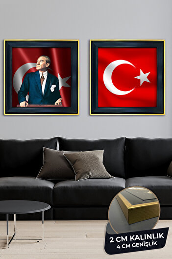 Evimemoda Mustafa Kemal Atatürk and Turkish Flag Framed 2 Piece Painting