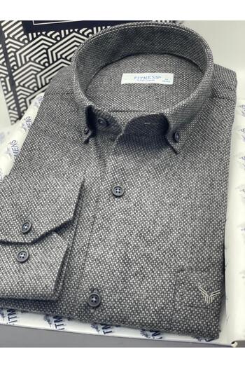 Fitmens Classic Long Sleeve Winter Collar Buttoned Woolen 100% Cotton Gift Boxed Men's Shirt Fs-003768 - Anthracite